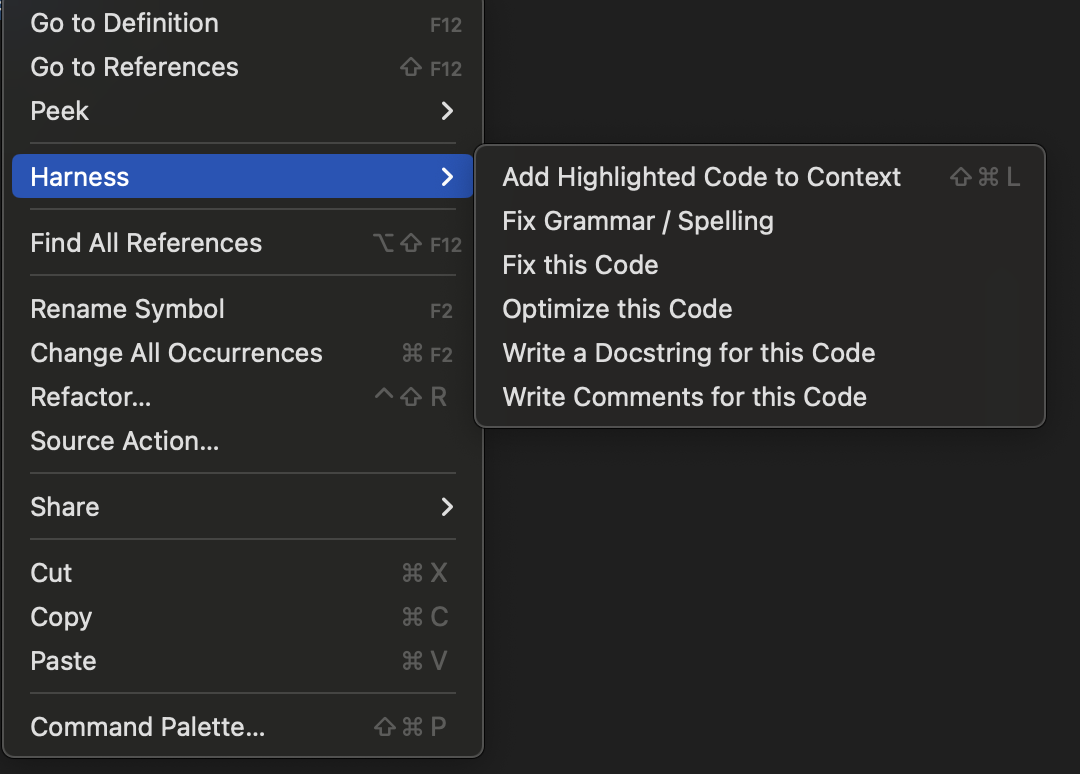 Harness AI Code Agent popup menu